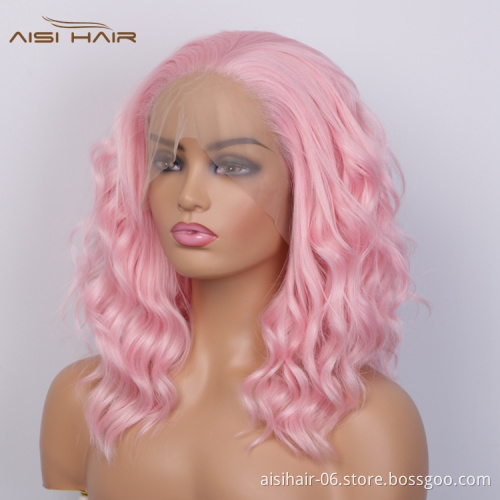 Aisi Hair Short Pink High Temperature Synthetic Lace Front Wigs For Black White Women Lace Frontal Pre Plucked Body Wave Wigs